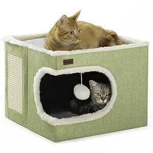 Cat Bed Cube House Covered Cat Cave Bed with Scratch Pad Toy Hideaway for Cats